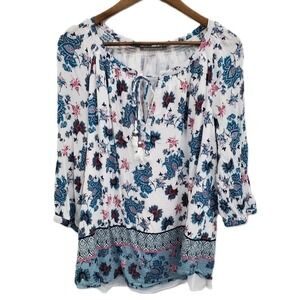 Daniel Rainn Womens 1X White Floral Blouse Long Sleeve Tassel‎ Tie Neck Top